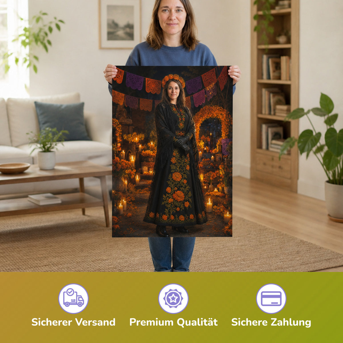  – Frau hält das gedruckte Poster