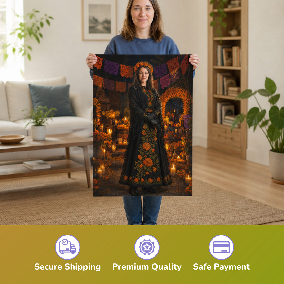  – Frau hält das gedruckte Poster