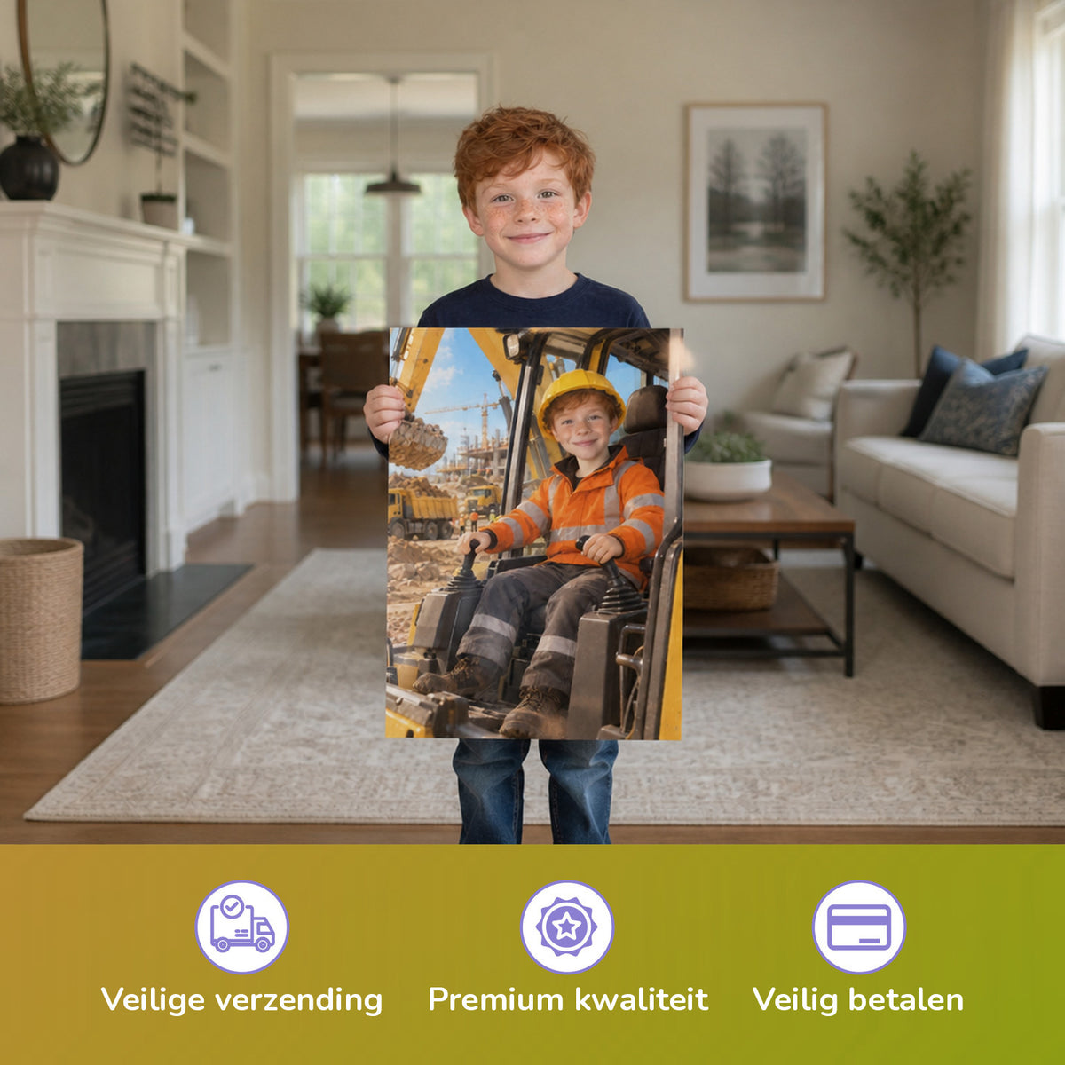 Der Baggerfahrer – Junge hält das gedruckte Poster