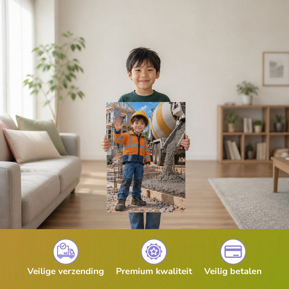 Der Betonmischer – Junge hält das gedruckte Poster