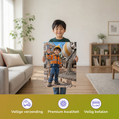 Der Betonmischer – Junge hält das gedruckte Poster