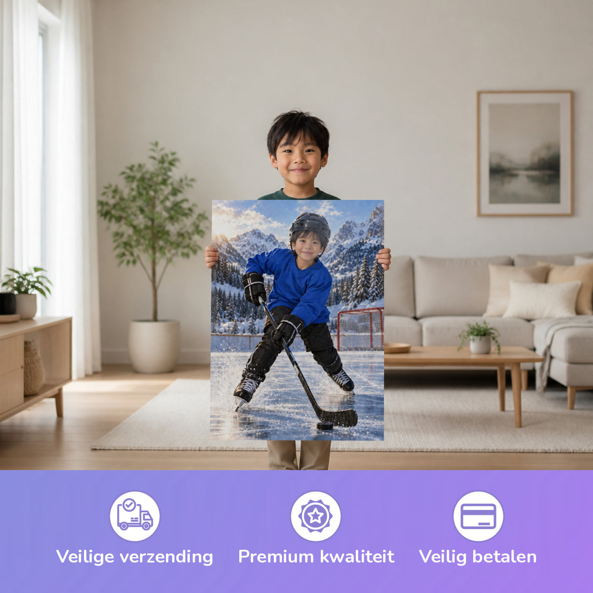 Der Eishockeyspieler — Kind houdt de gedrukte poster vast
