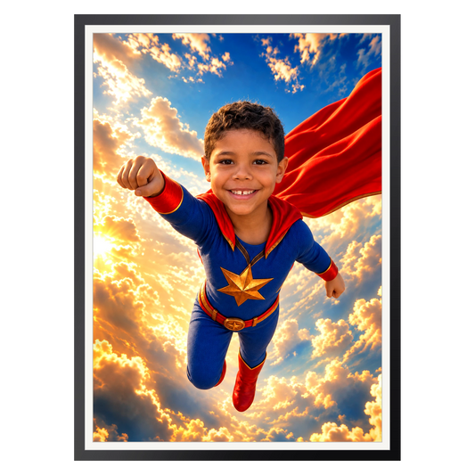 Der fliegende Superheld – Poster im Rahmen