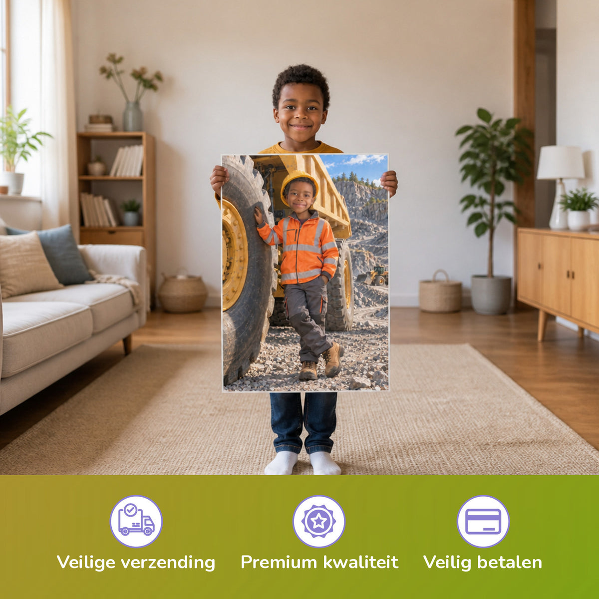 Der Kipplaster — Kind houdt de gedrukte poster vast