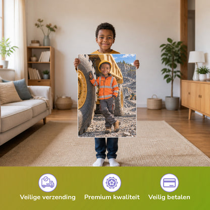 Der Kipplaster – Junge hält das gedruckte Poster