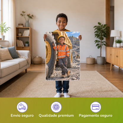 Der Kipplaster – Junge hält das gedruckte Poster