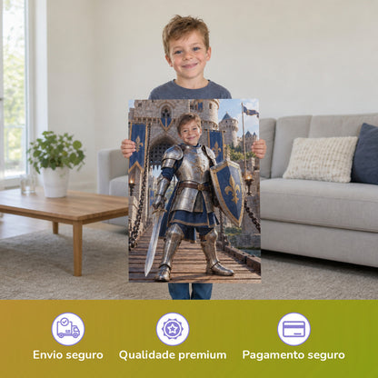 Der Ritter auf der Burg – Junge hält das gedruckte Poster