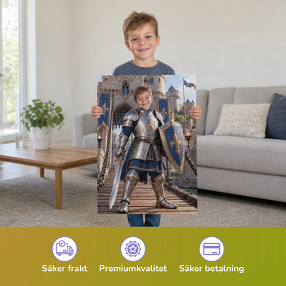 Der Ritter auf der Burg – Junge hält das gedruckte Poster