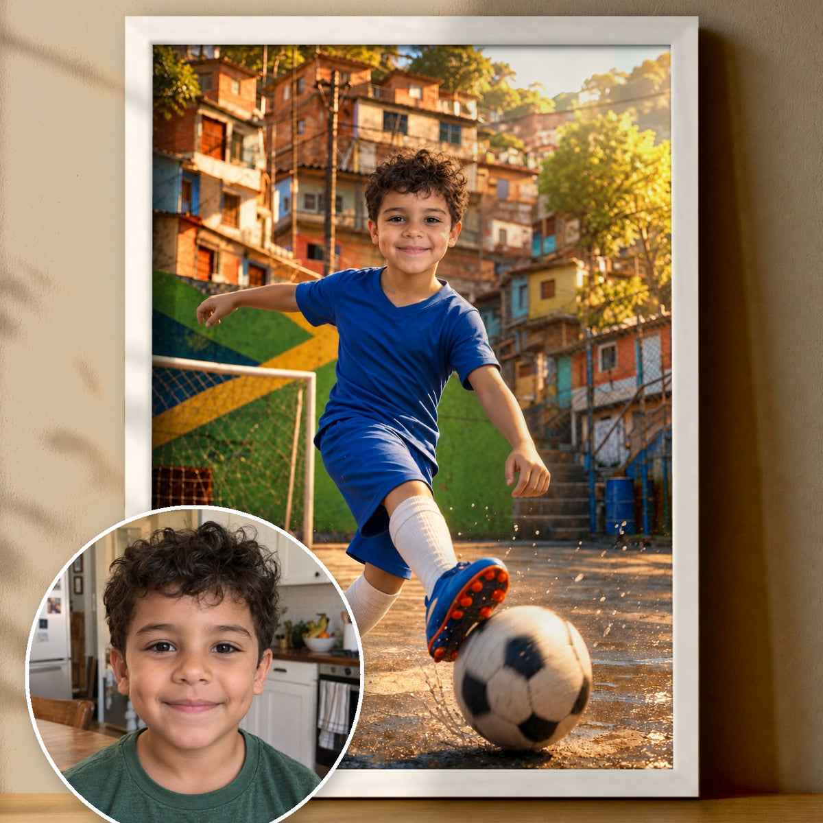 Der Straßen-Fußballstar – Poster im Rahmen