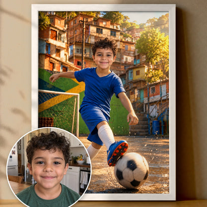 Der Straßen-Fußballstar – Poster im Rahmen
