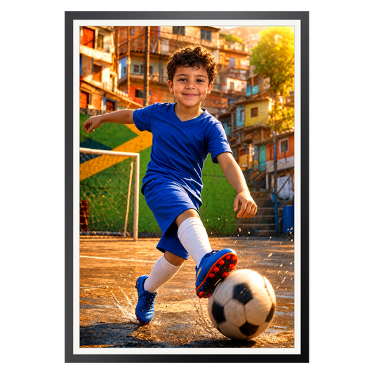 Der Straßen-Fußballstar – Poster im Rahmen