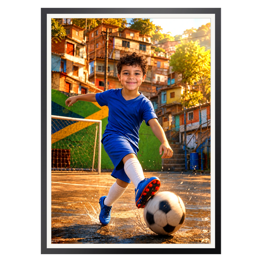 Der Straßen-Fußballstar – Poster im Rahmen