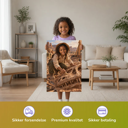 Die Dino-Ausgrabung – Mädchen hält das gedruckte Poster