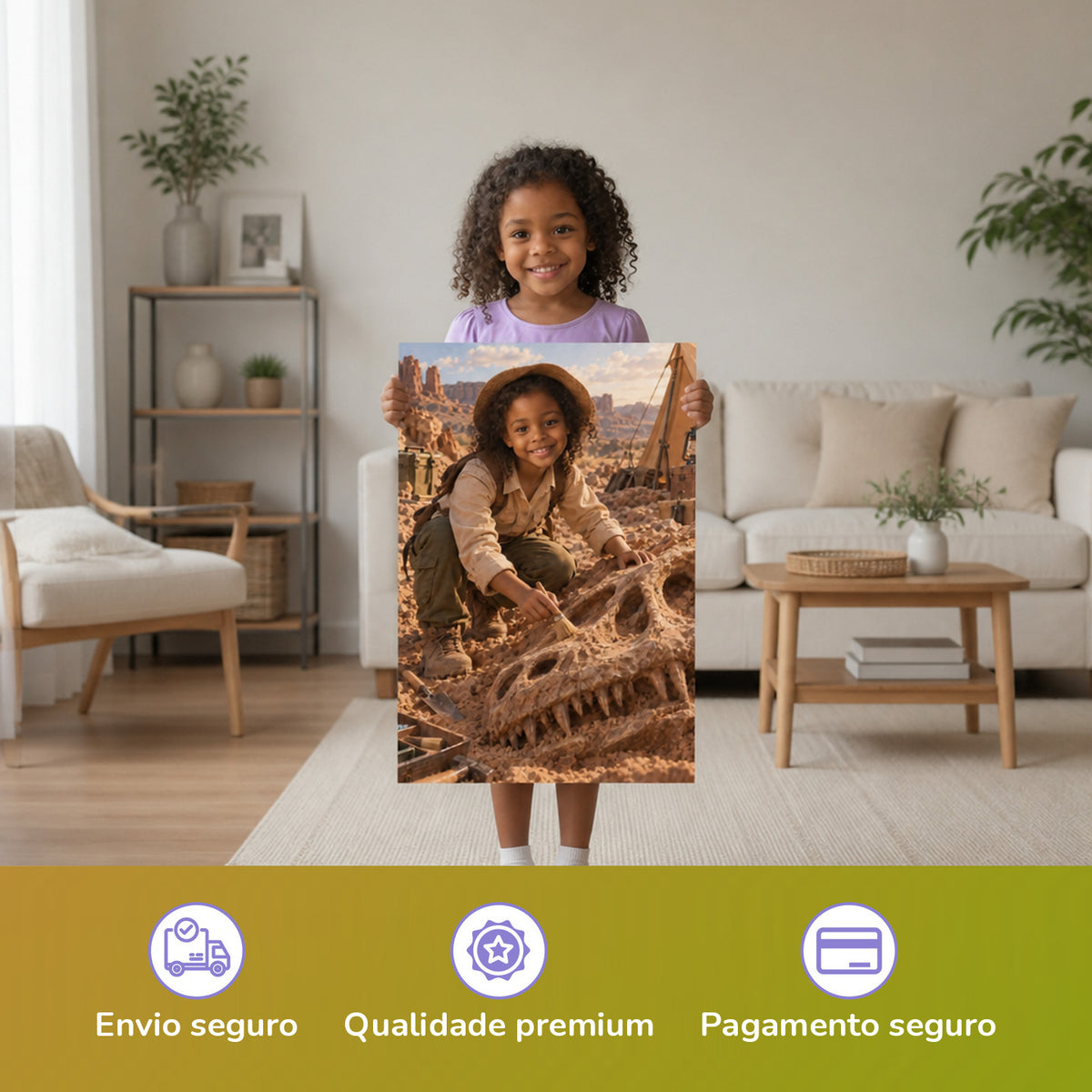 Die Dino-Ausgrabung – Mädchen hält das gedruckte Poster