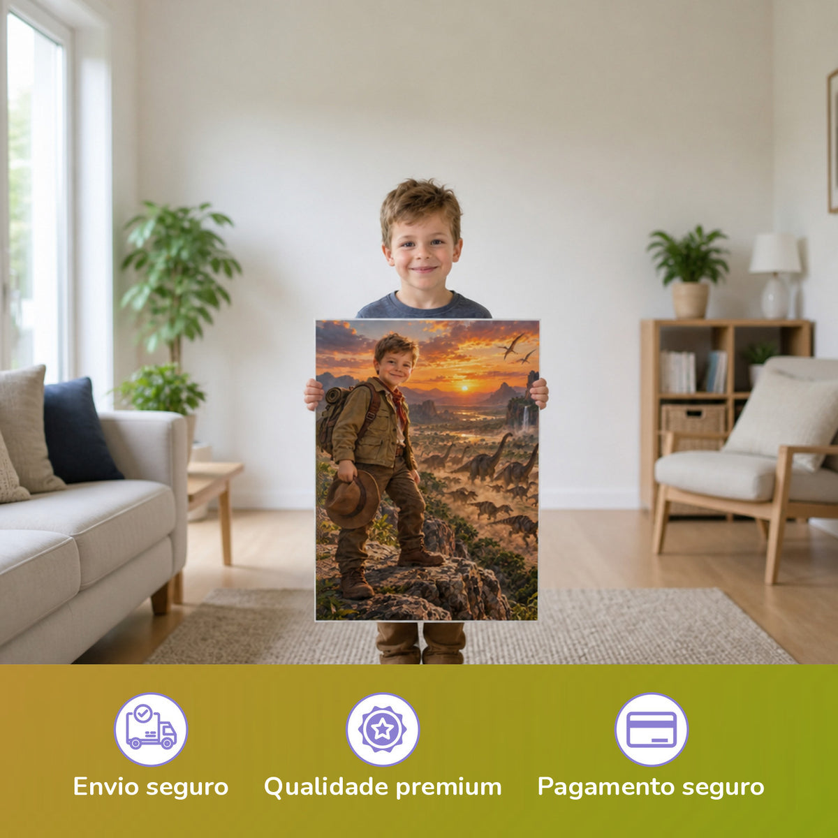 Die Dino-Stampede – Junge hält das gedruckte Poster