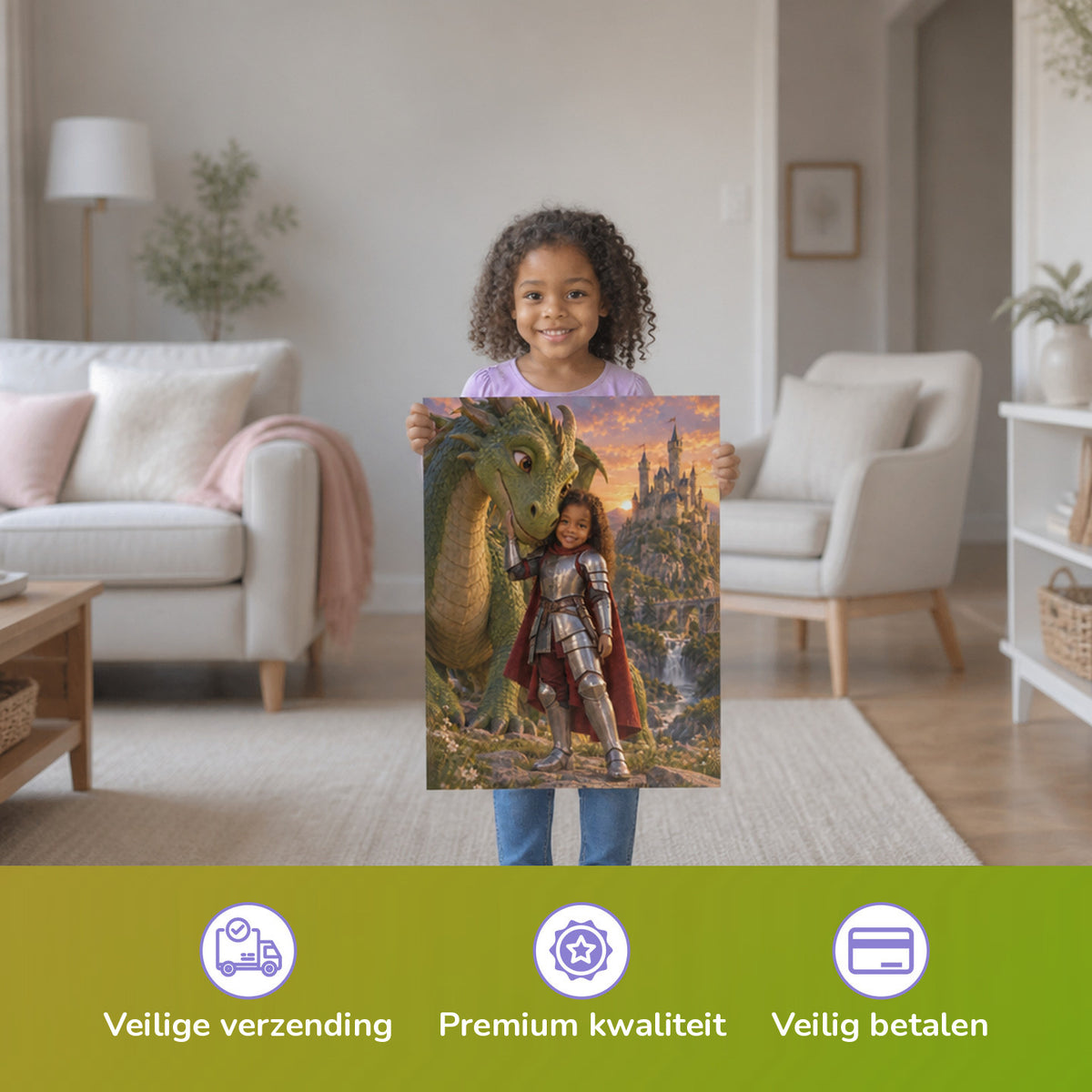 Die Ritterin und der Drache – Mädchen hält das gedruckte Poster