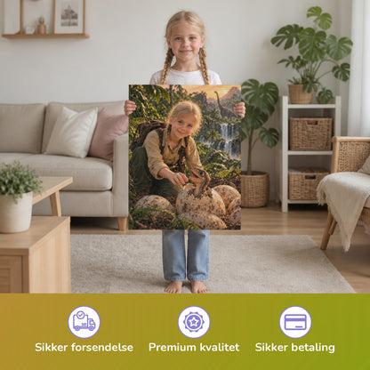 Dino-Baby schlüpft aus dem Ei – Mädchen hält das gedruckte Poster