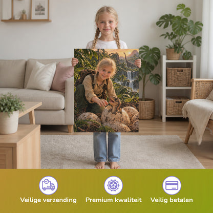 Dino-Baby schlüpft aus dem Ei – Mädchen hält das gedruckte Poster