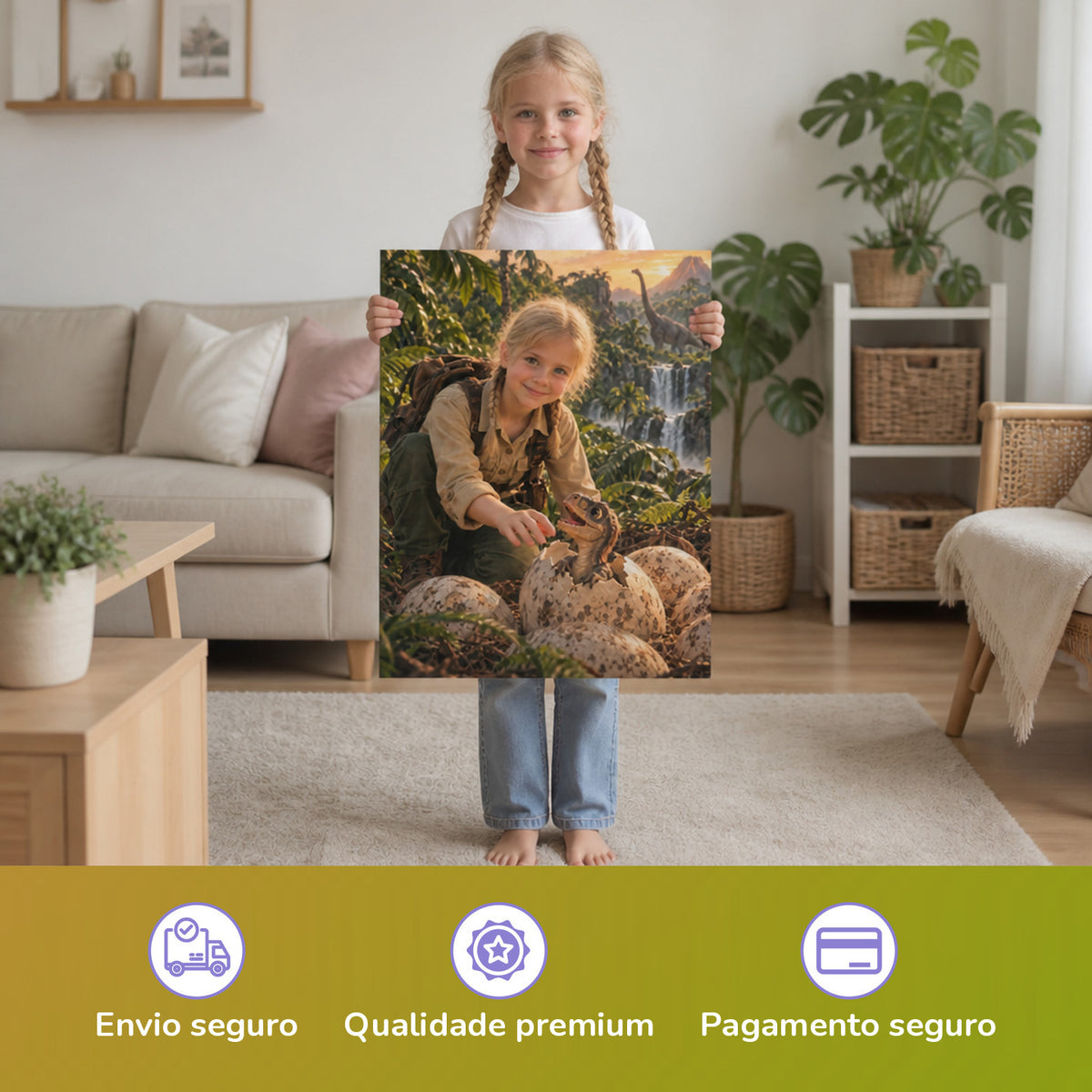 Dino-Baby schlüpft aus dem Ei — Criança a segurar o poster impresso