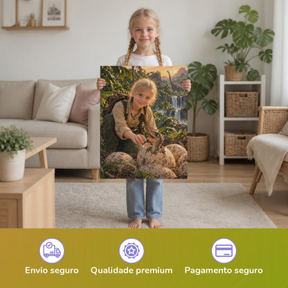 Dino-Baby schlüpft aus dem Ei – Mädchen hält das gedruckte Poster