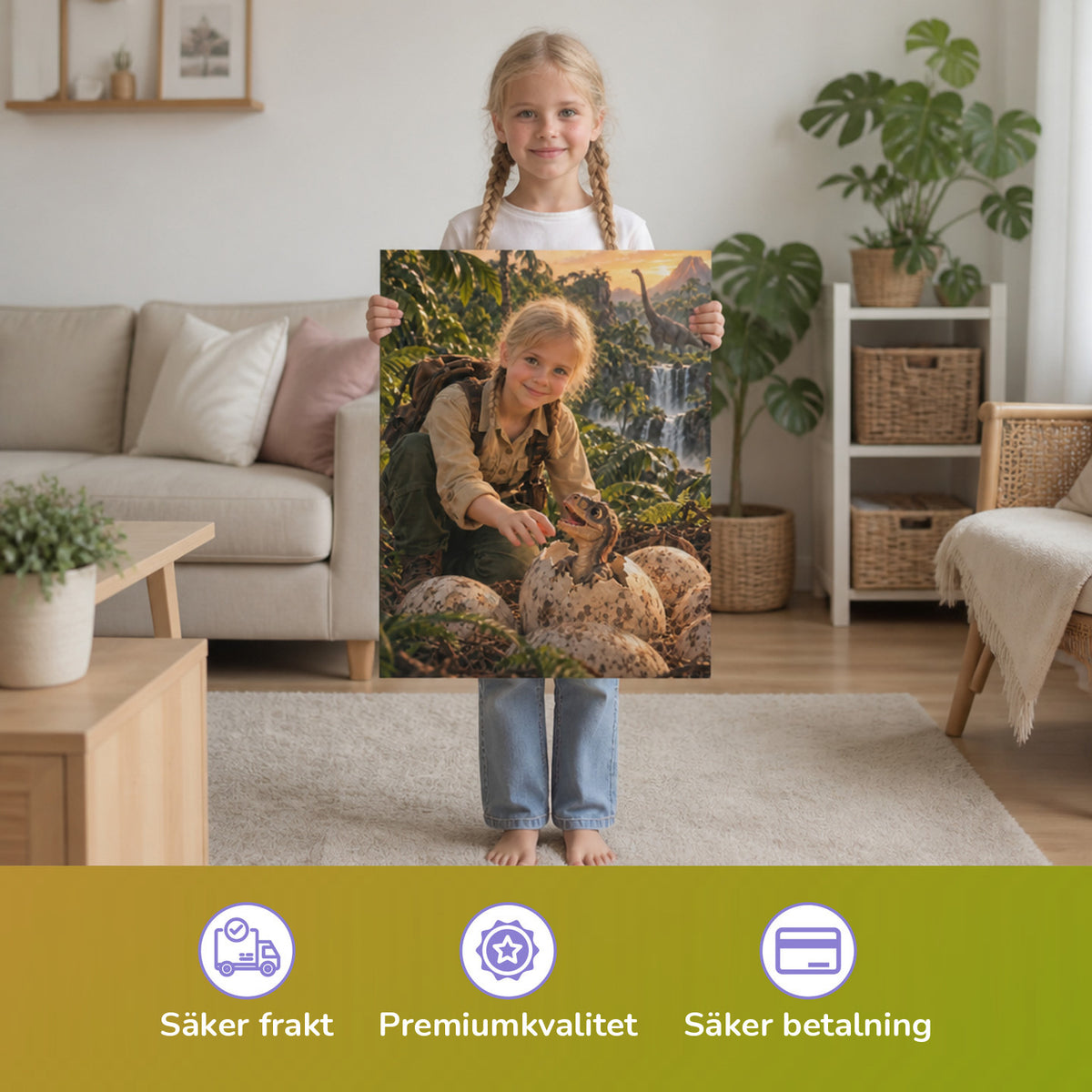 Dino-Baby schlüpft aus dem Ei – Mädchen hält das gedruckte Poster