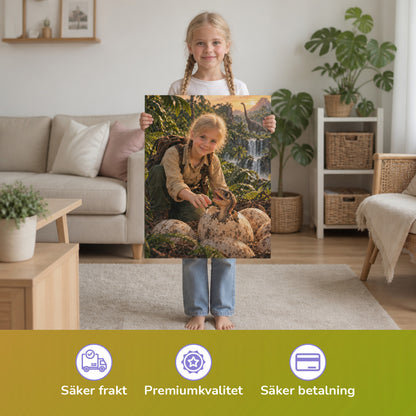 Dino-Baby schlüpft aus dem Ei – Mädchen hält das gedruckte Poster