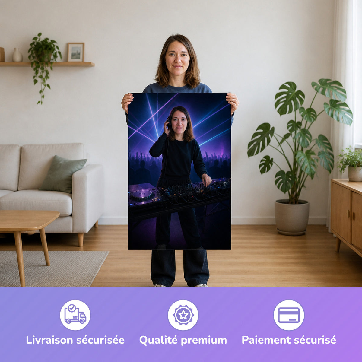  – femme tenant l'affiche imprimée