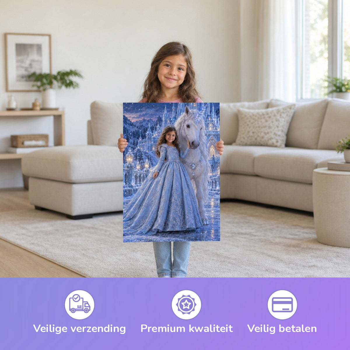 Einhorn am Eisschloss – Mädchen hält das gedruckte Poster