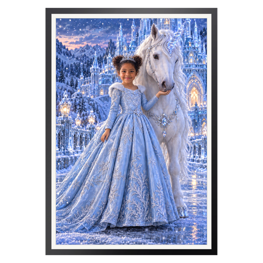 Einhorn am Eisschloss – Poster im Rahmen