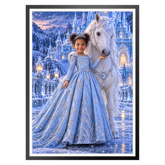 Einhorn am Eisschloss – Poster im Rahmen