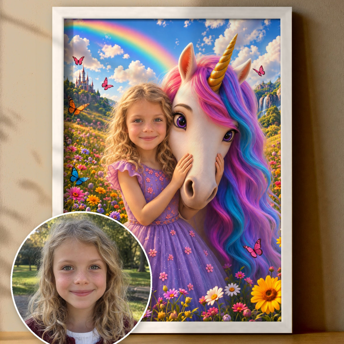 Einhorn am Regenbogen | Special-Edition "3D-Animation" – Poster im Rahmen