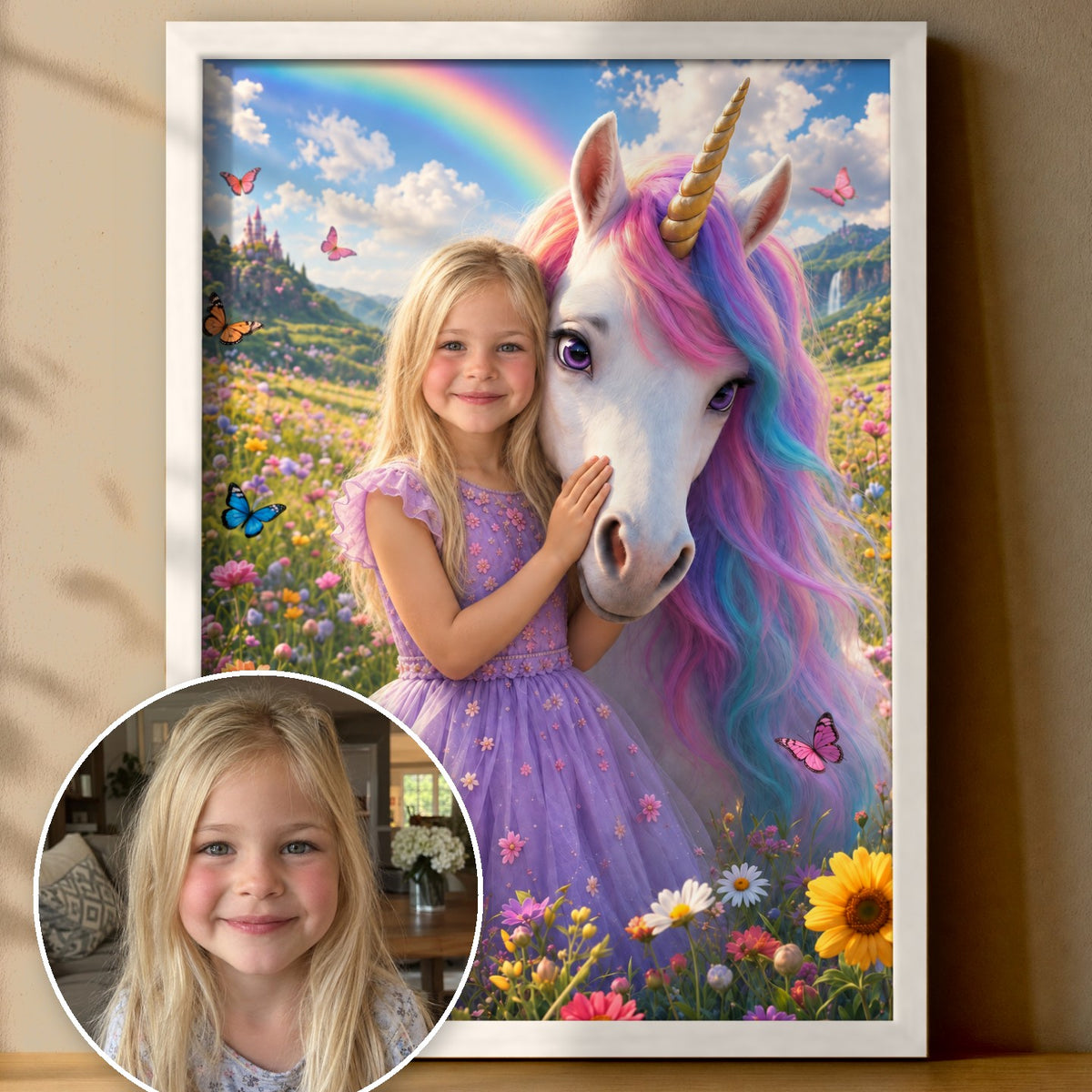 Einhorn am Regenbogen – Poster im Rahmen