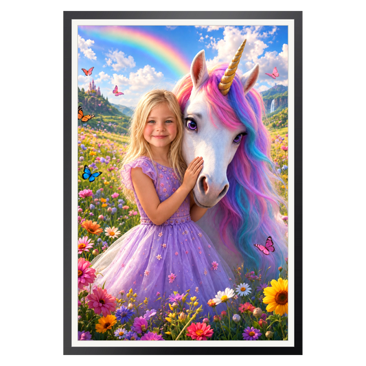 Einhorn am Regenbogen – Poster im Rahmen