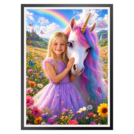 Einhorn am Regenbogen – Poster im Rahmen