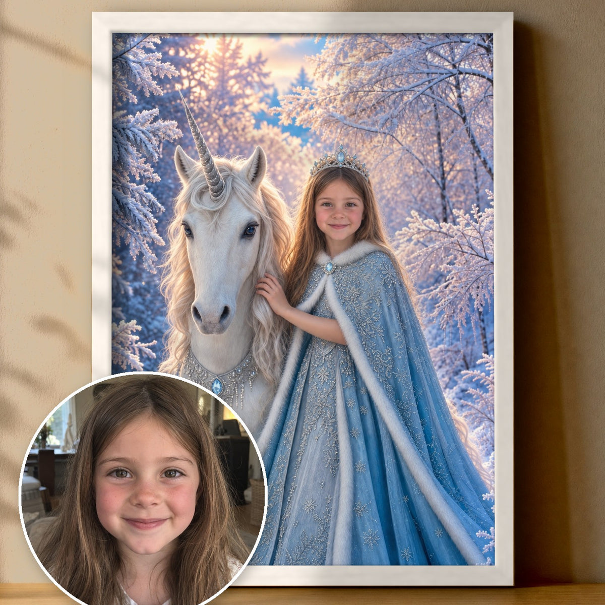 Einhorn im Frostwald – Poster im Rahmen
