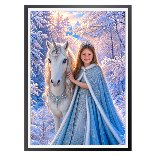 Einhorn im Frostwald – Poster im Rahmen