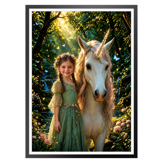 Einhorn im Zauberwald – Poster im Rahmen