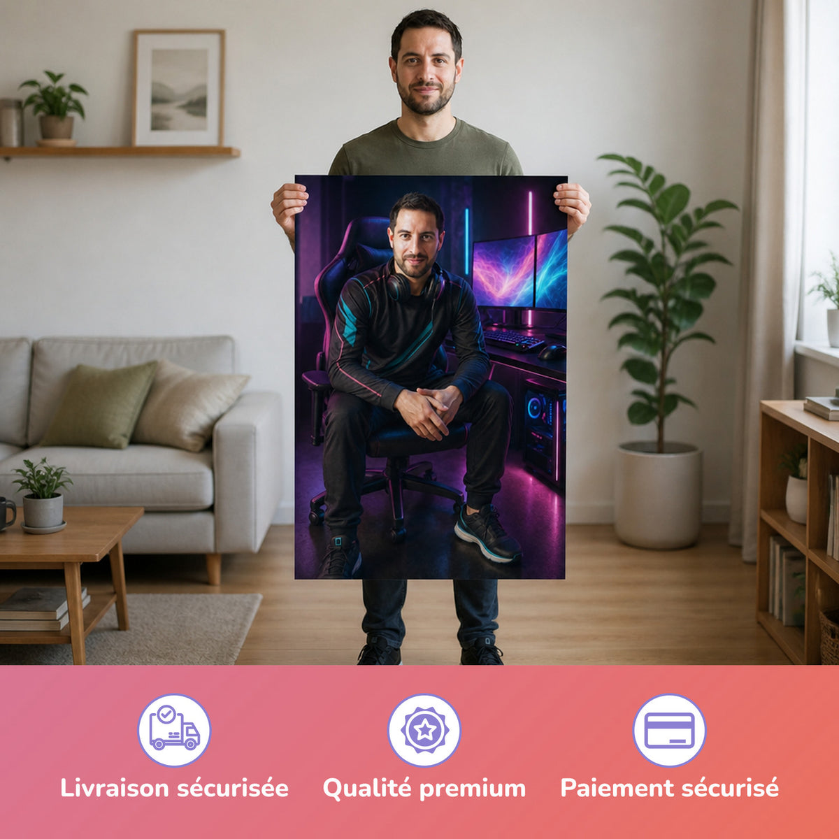  – homme tenant l'affiche imprimée
