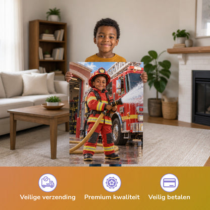 Feuerwehr im Einsatz – Junge hält das gedruckte Poster
