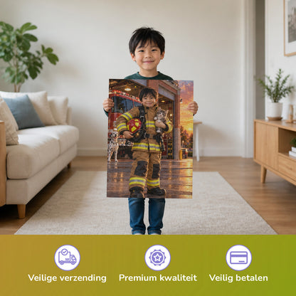 Feuerwehrmann mit dem geretteten Kätzchen – Junge hält das gedruckte Poster