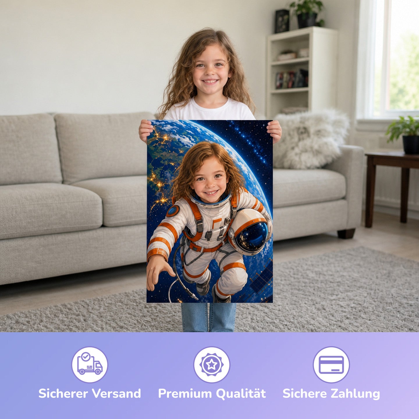 Schwebender Astronaut | Special-Edition "Cartoon" – Mädchen hält das gedruckte Poster
