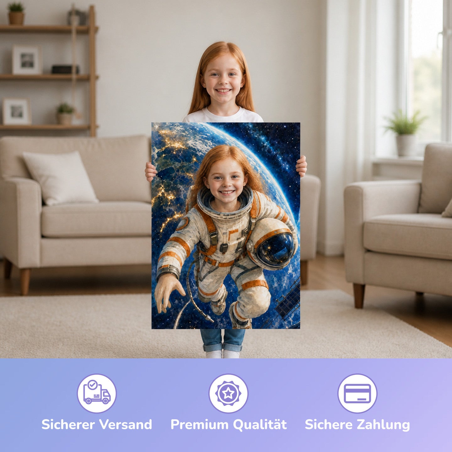 Schwebender Astronaut | Special-Edition "Aquarell" – Mädchen hält das gedruckte Poster