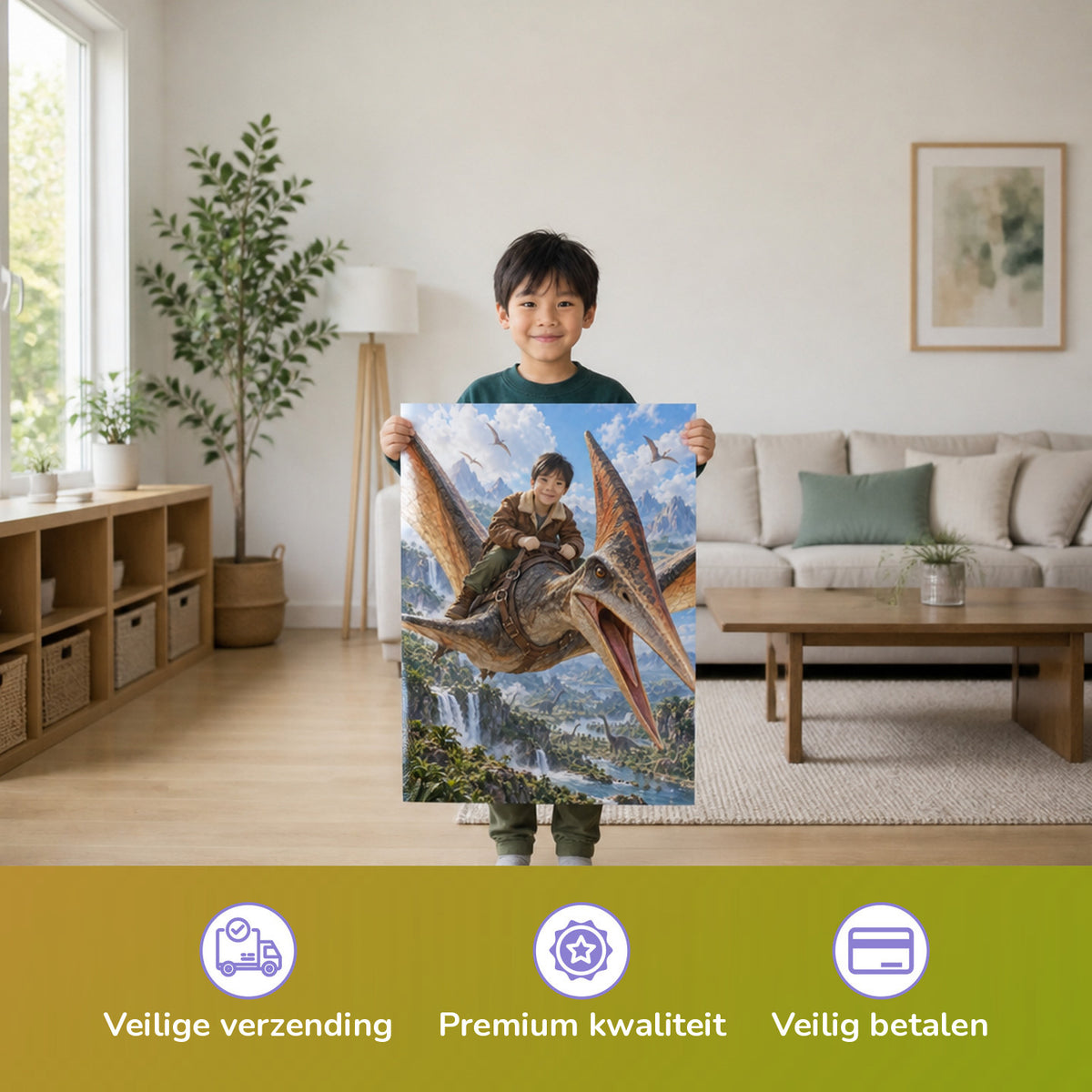 Flug auf dem Pteranodon — Kind houdt de gedrukte poster vast