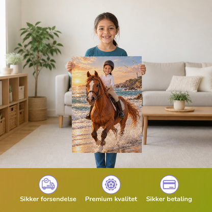 Galopp am Strand – Mädchen hält das gedruckte Poster