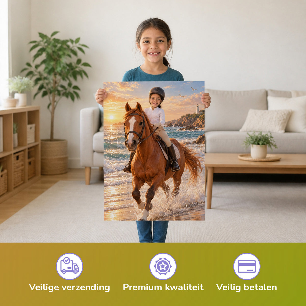 Galopp am Strand — Kind houdt de gedrukte poster vast