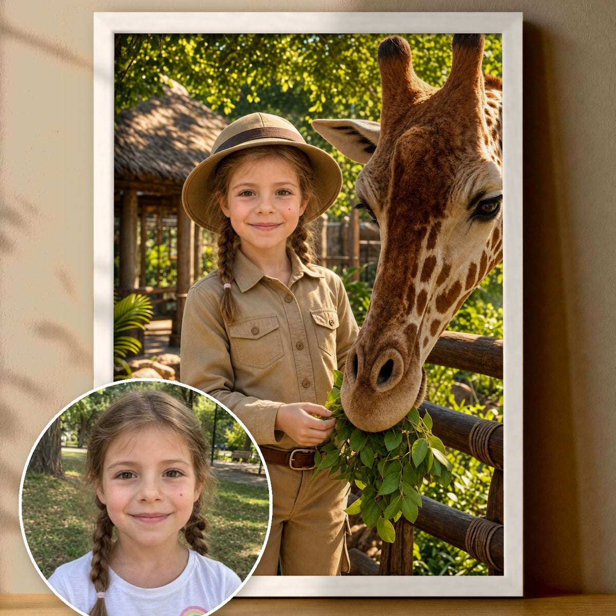 Giraffe füttern im Zoo – Poster im Rahmen