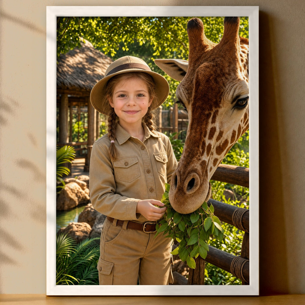 Giraffe füttern im Zoo – Poster an der Wand