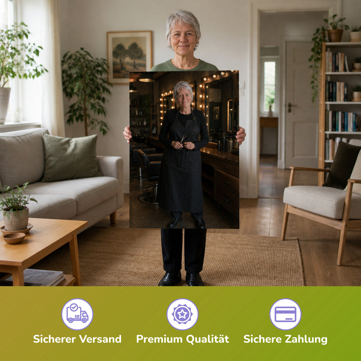  – Frau hält das gedruckte Poster