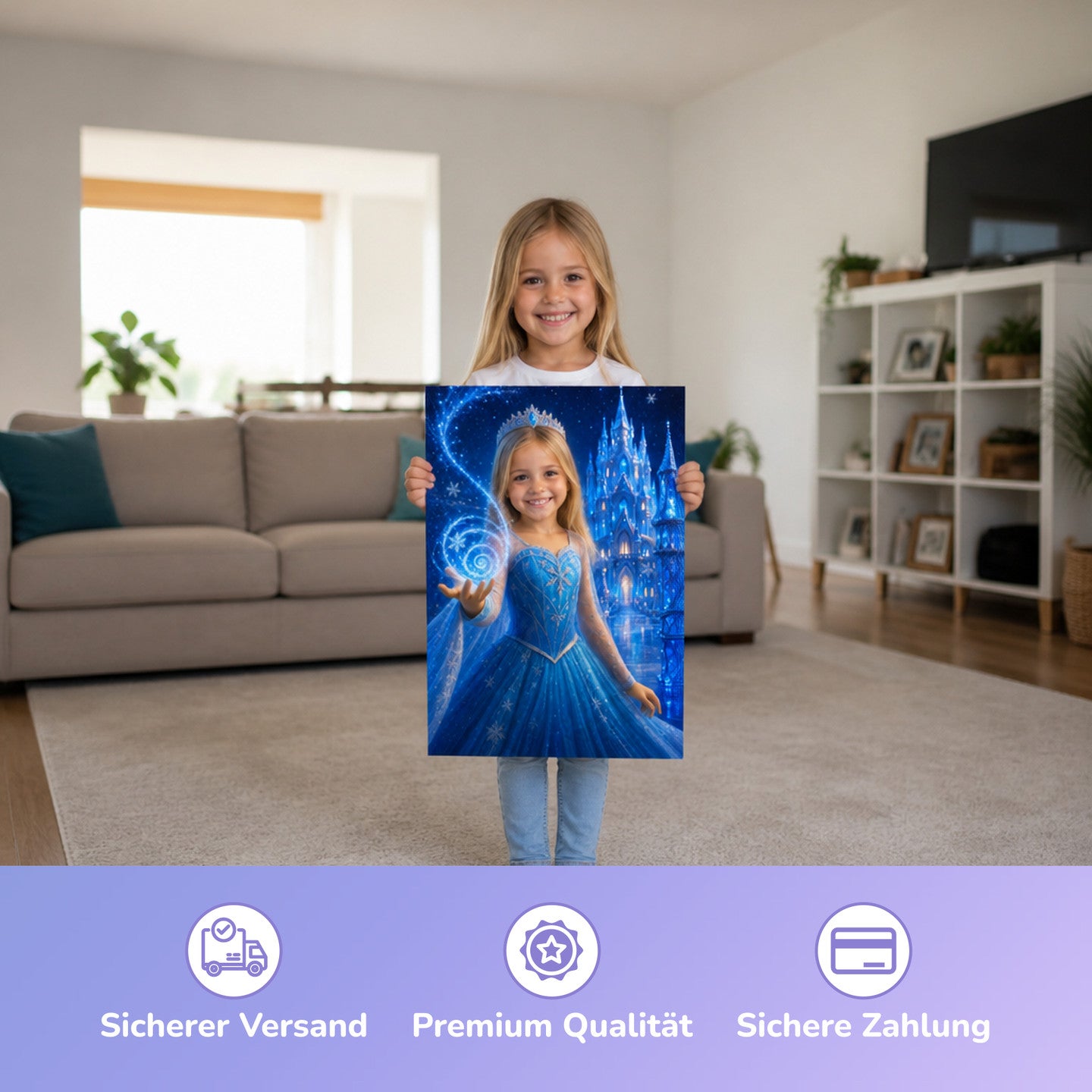 Eisprinzessin am Eisschloss | Special-Edition "3D-Animation" – Mädchen hält das gedruckte Poster