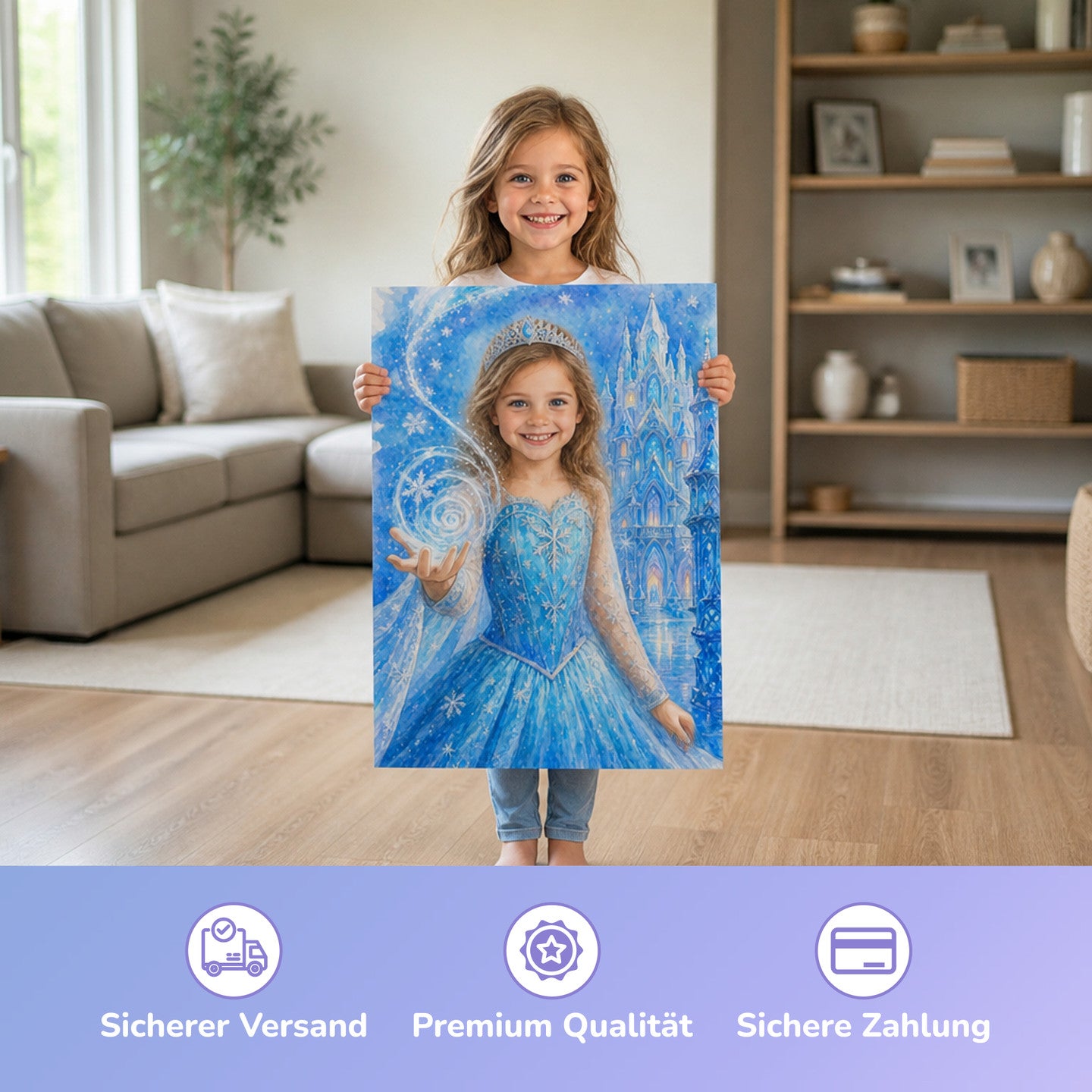 Eisprinzessin am Eisschloss | Special-Edition "Aquarell" – Mädchen hält das gedruckte Poster